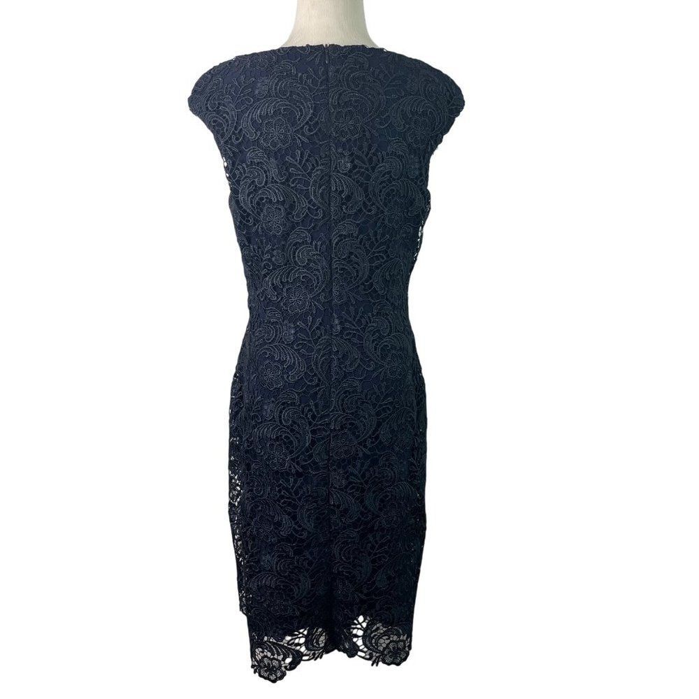 Ralph Lauren Lace Floral Sheath Dress Size 8 Navy Blue Midi Evening Elegant - Picture 3 of 11